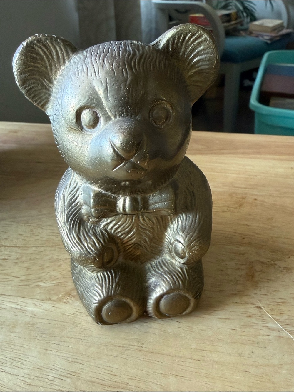 Brass Teddy Bear Bank with Bow